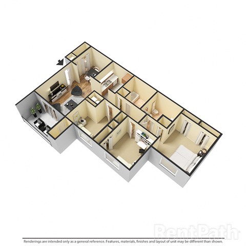 Floor plan for 3 beds, 2 baths, 1102 sqft