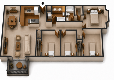 Floor plan for 4 beds, 2 baths, 1540 sqft