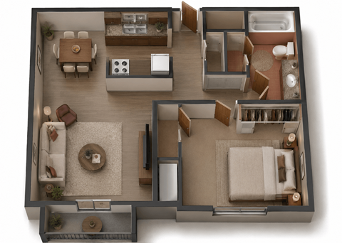 Floor plan for 1 bed, 1 bath, 734 sqft