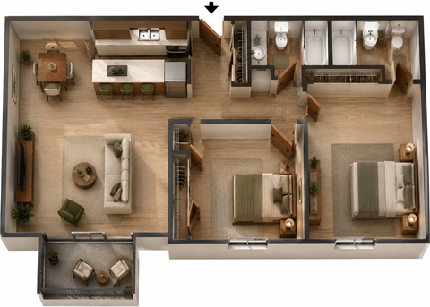 Floor plan for 2 beds, 2 baths, 967 sqft