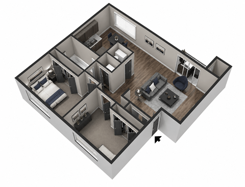 Floor plan for 2 beds, 1 bath, 853 sqft
