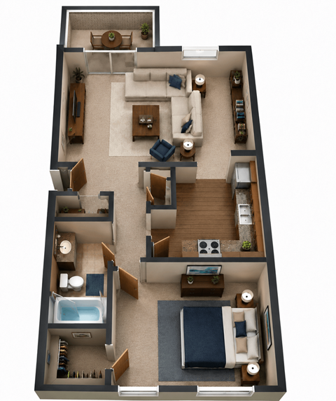 Floor plan for 1 bed, 1 bath, 700 sqft