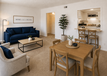 Indianapolis apartment for rent - A living room with a blue couch and a wooden dining table.