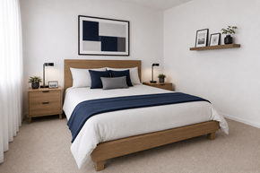 Indianapolis apartment for rent - A bedroom with a large bed and a nightstand with a plant on it.
