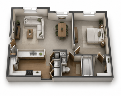 Floor plan for 1 bed, 1 bath, 719 sqft
