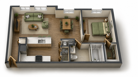 Floor plan for 1 bed, 1 bath, 792 sqft