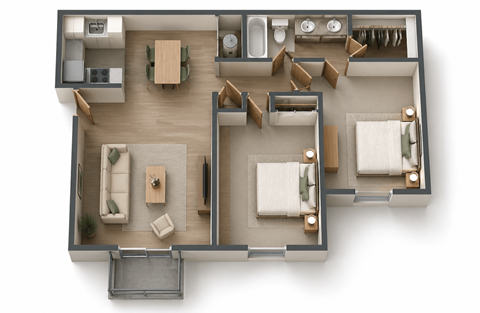 Floor plan for 2 beds, 1 bath, 930 sqft