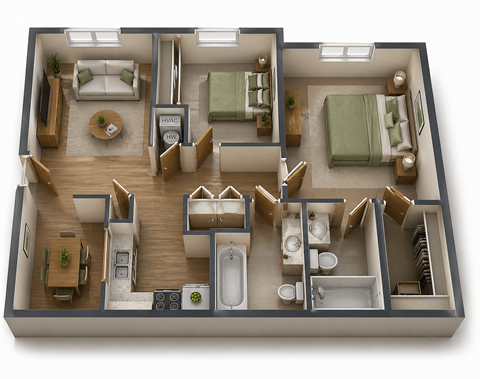 Floor plan for 2 beds, 2 baths, 909 sqft