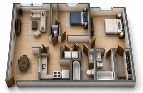 Floor plan for 2 beds, 2 baths, 980 sqft