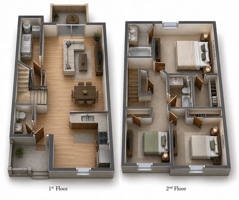 Floor plan for 3 beds, 2.5 baths, 1150 sqft