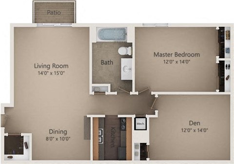 Floor plan for 1 bed, 1 bath, 905 sqft