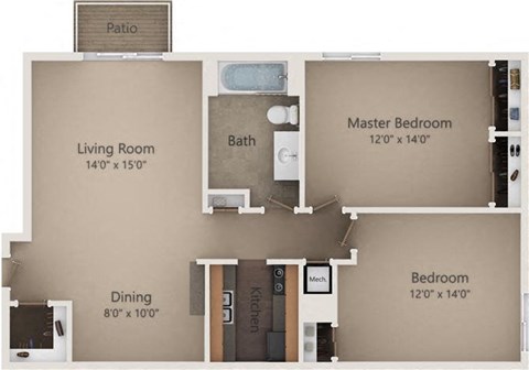Floor plan for 2 beds, 1 bath, 905 sqft