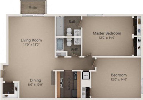 Floor plan for 2 beds, 2 baths, 955 sqft