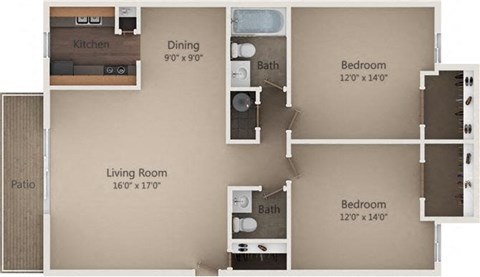 Floor plan for 2 beds, 1.5 baths, 875 sqft