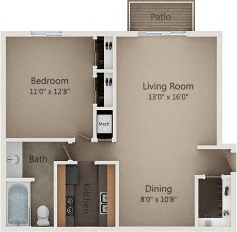 Floor plan for 1 bed, 1 bath, 675 sqft