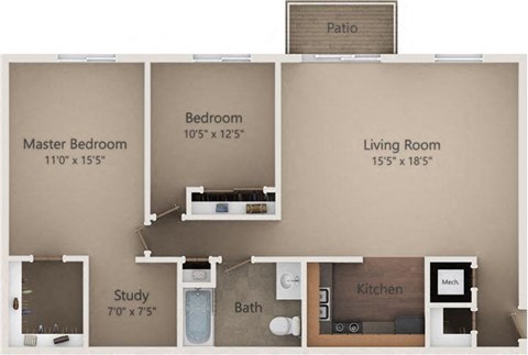 Floor plan for 2 beds, 1 bath, 955 sqft