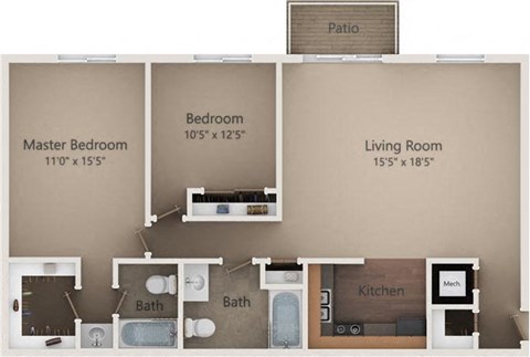 Floor plan for 2 beds, 2 baths, 955 sqft