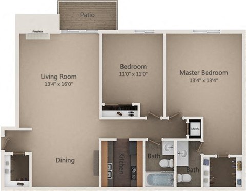 Floor plan for 2 beds, 1.5 baths, 955 sqft