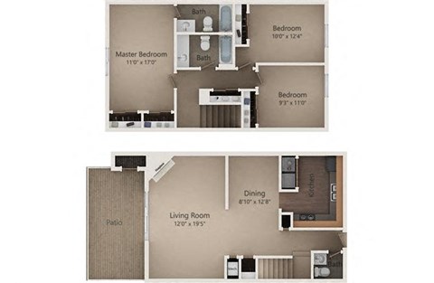 Floor plan for 3 beds, 2.5 baths, 1400 sqft