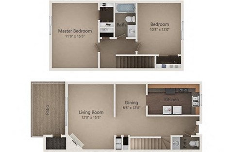 Floor plan for 2 beds, 1.5 baths, 1088 sqft