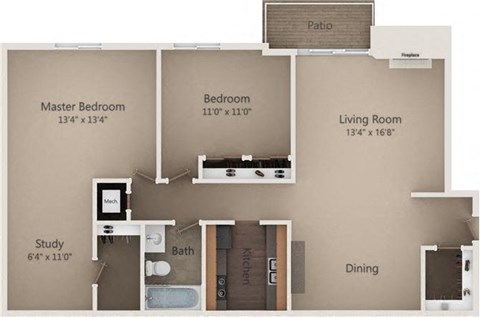 Floor plan for 2 beds, 1 bath, 955 sqft