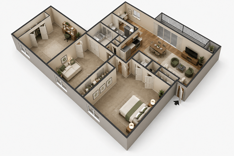 Floor plan for 3 beds, 2 baths, 1100 sqft