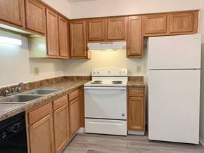 Indianapolis apartment for rent - Modern kitchen with faux plank flooring at Waterstone Place Apartments, Indianapolis, IN