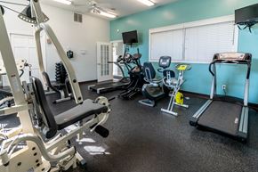 Lowell apartment for rent - a gym with cardio equipment and weights on the floor at Creekside at Meadowbrook Apartments, Lowell
