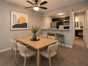 Fairfield apartment for rent - A dining room with a wooden table and chairs.