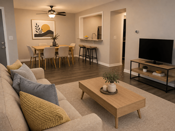 Fairfield apartment for rent - A living room with a grey couch, a wooden coffee table, and a painting on the wall.