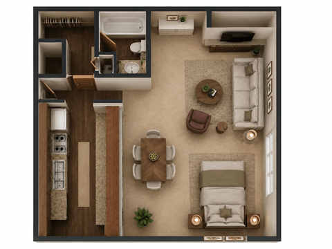 Floor plan for studio, 1 bath, 600 sqft