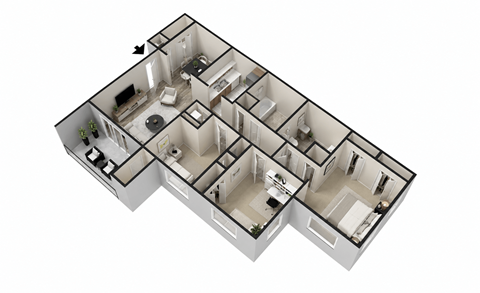 Floor plan for 3 beds, 2 baths, 1102 sqft