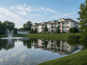 Lowell apartment for rent - A large building is reflected in a lake.