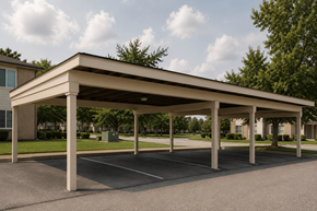 Indianapolis apartment for rent - A large covered parking area in front of a building.