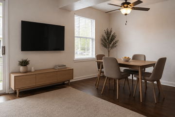 Westfield townhouse for rent - A living room with a television, a table with chairs, and a potted plant.