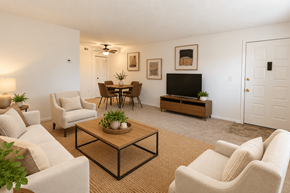 Louisville apartment for rent - A living room with a white couch, a coffee table, and a television.