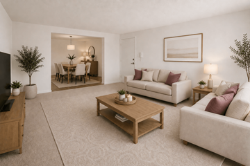 Indianapolis townhouse for rent - A living room with a white couch, a wooden coffee table, and a dining table with chairs.