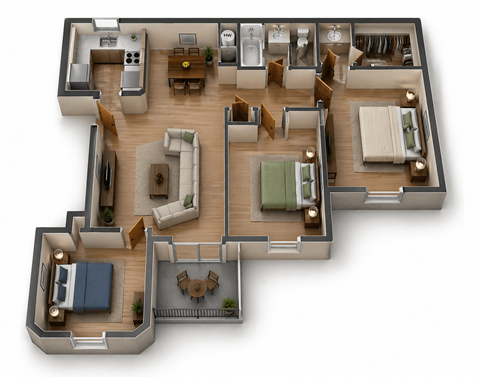 Floor plan for 3 beds, 1 bath, 1050 sqft