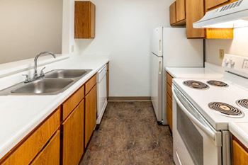 A kitchen with a stove sink and refrigerator