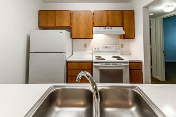 A kitchen with a sink and a stove and a refrigerator
