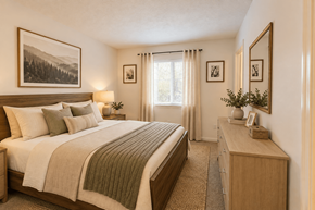 Louisville apartment for rent - A bedroom with a large bed and a wooden nightstand.