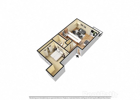 Floor plan for 1 bed, 1 bath, 750 sqft
