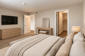 Kokomo apartment for rent - A bedroom with a large bed and a flat screen TV mounted on the wall.