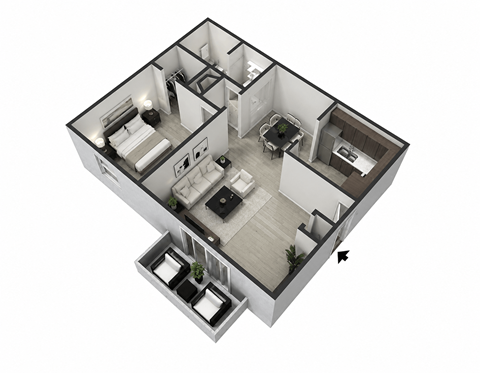 Floor plan for 1 bed, 1 bath, 686 sqft