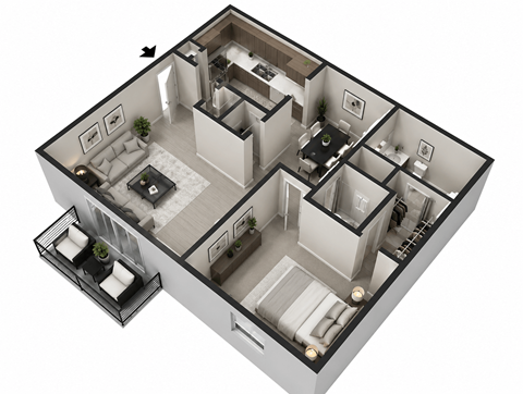 Floor plan for 1 bed, 1.5 baths, 798 sqft