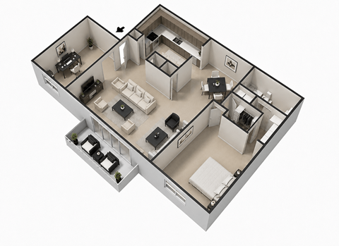 Floor plan for 1 bed, 1.5 baths, 886 sqft