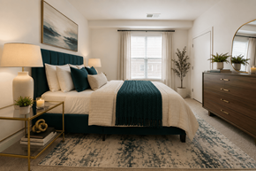 Indianapolis apartment for rent - A bedroom with a large bed and a nightstand.