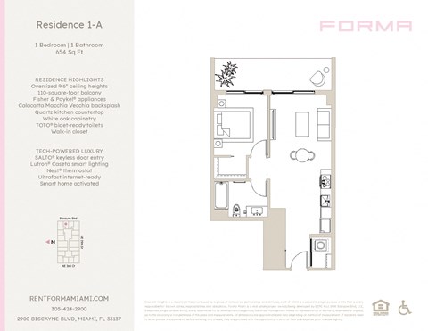 Floor plan for 1 bed, 1 bath, 654 sqft