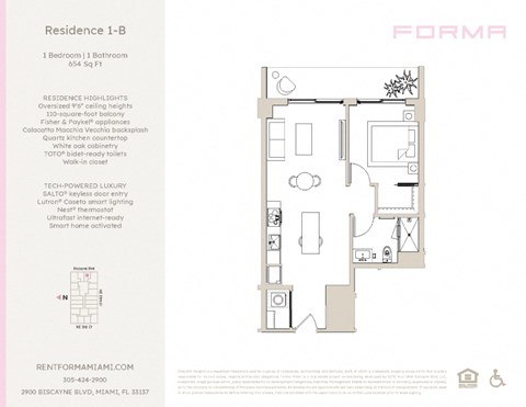 Floor plan for 1 bed, 1 bath, 654 sqft