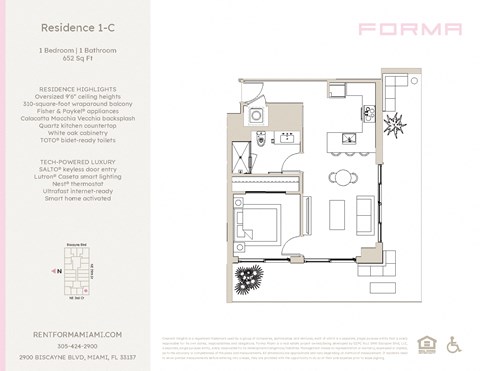 Floor plan for 1 bed, 1 bath, 652 sqft